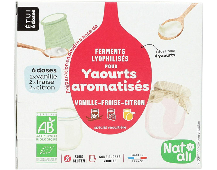 NAT-ALI Ferments pour Yaourts Aromatiss - Vanille-Fraise-Citron - 3x8g