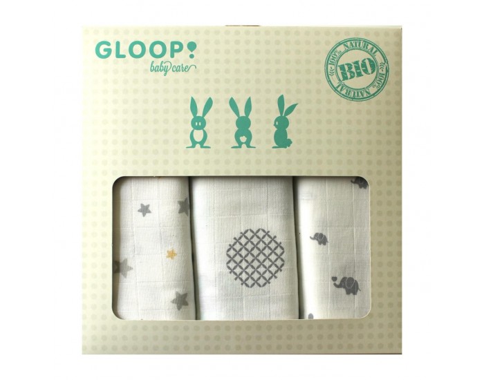 GLOOP Set de 3 langes 100x100 - Motifs toiles, Animaux & Elphants