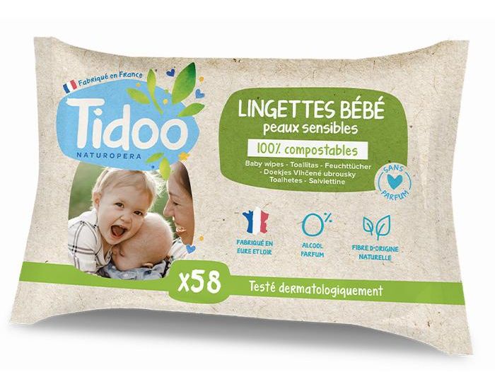 TIDOO Lingettes au Calendula Bio Non Parfum, compostables 1x58 lingettes