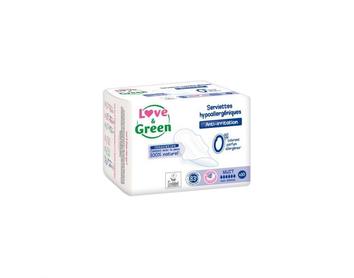 LOVE & GREEN  Serviettes Hypoallergniques Anti-irritation - Nuit - Paquet de 10