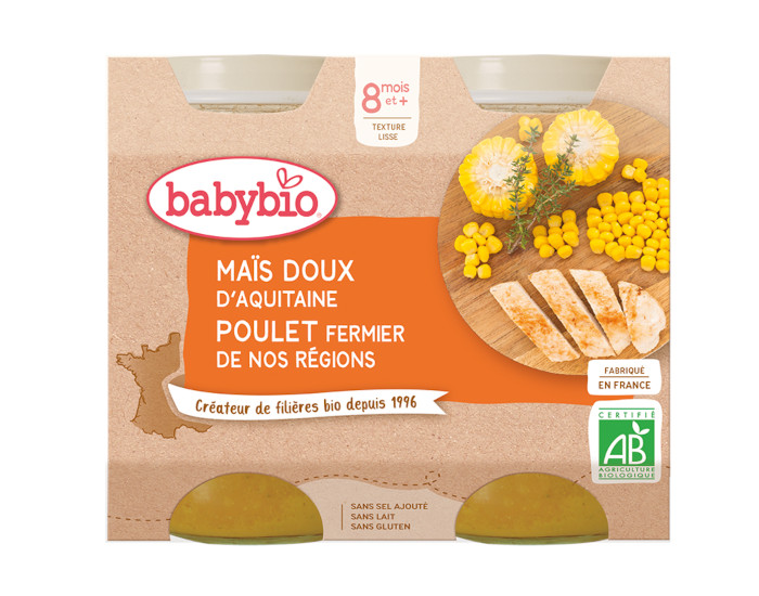 BABYBIO Petits Pots Menu du Jour - 2x200g - Ds 8 mois Mas Doux & Poulet Fermier du Poitou - 8 mois