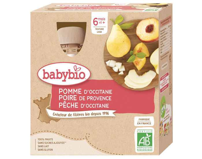 BABYBIO Gourdes - 4x90g - Ds 6 mois Pomme - Poire - Pche