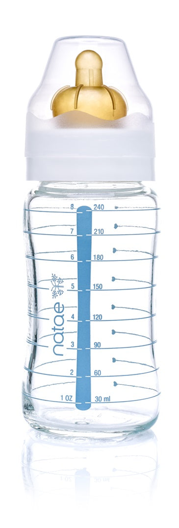 Biberon verre tetine caoutchouc col large