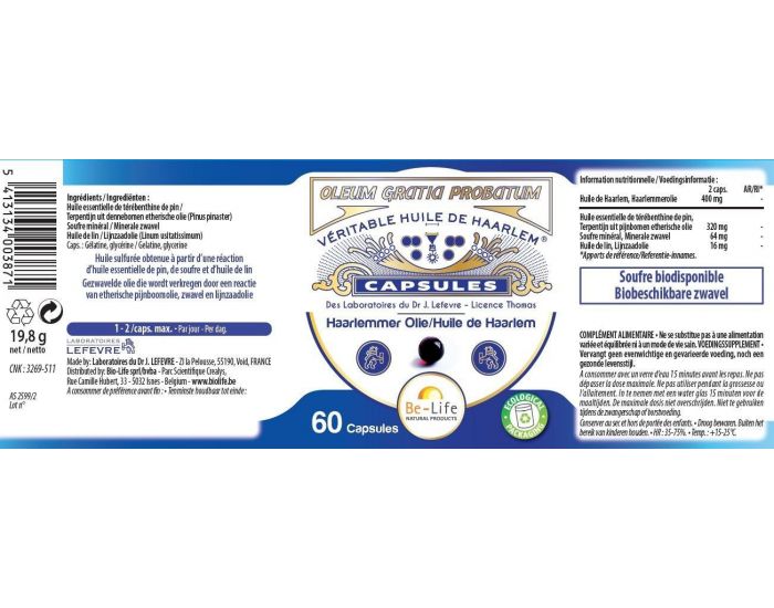 BE-LIFE Huile de Haarlem originale - 60 capsules