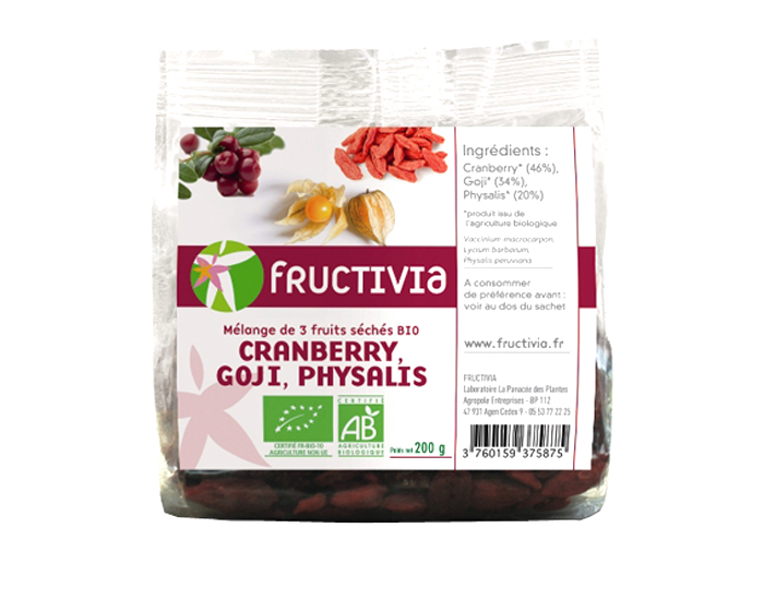 FRUCTIVIA M�lange de 3 Fruits Secs Bio - Cranberries, Goji, Physalis - 200 g