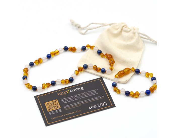 123 AMBRE Pack Collier + Bracelet d'Ambre B�b�, Lapis Lazuli et Agate