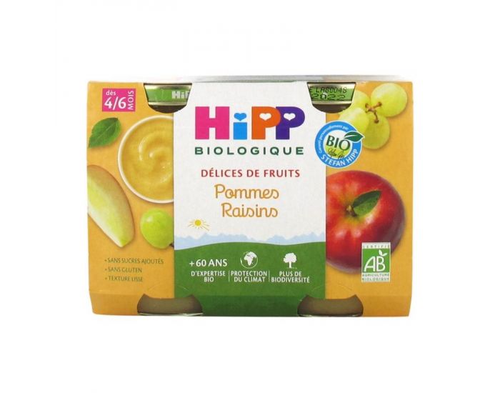 HIPP Dlices de Fruits Pommes Raisins - 2 x 190g - Ds 4 mois