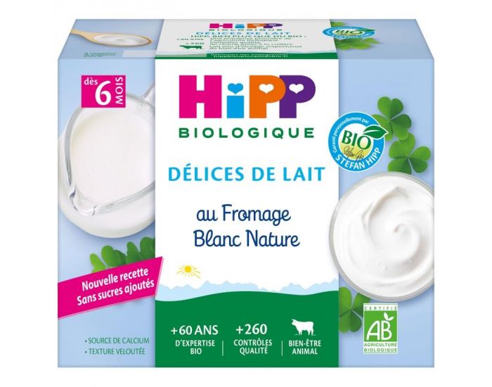 HIPP Dlices de Lait Fromage Blanc Nature Sucr - 4 x 100g - Ds 6 mois