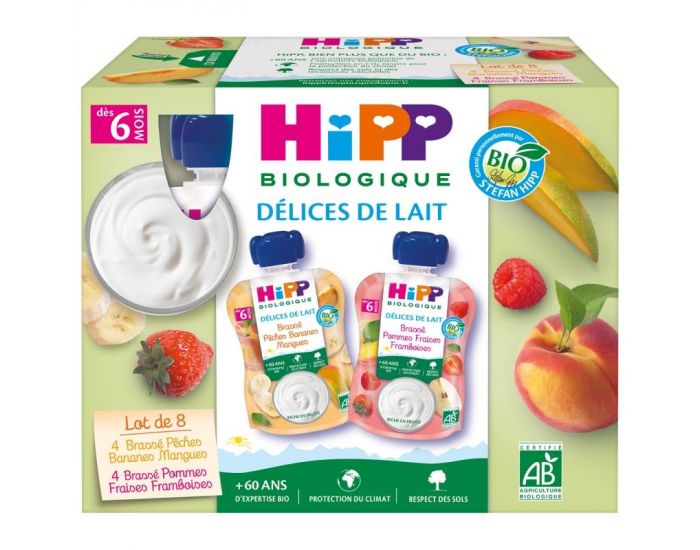 HIPP D�lices de Lait Gourdes Multipack Brass�s 2 vari�t�s 6 mois - 4 packs de 8 gourdes -