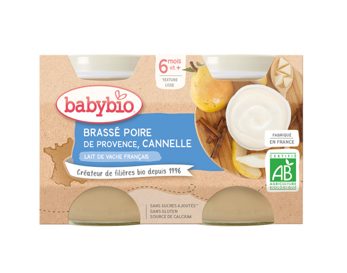 BABYBIO Petits Pots Brasss Lacts - 2 x 130 g - Ds 6 mois Vache Poire de Provence Cannelle