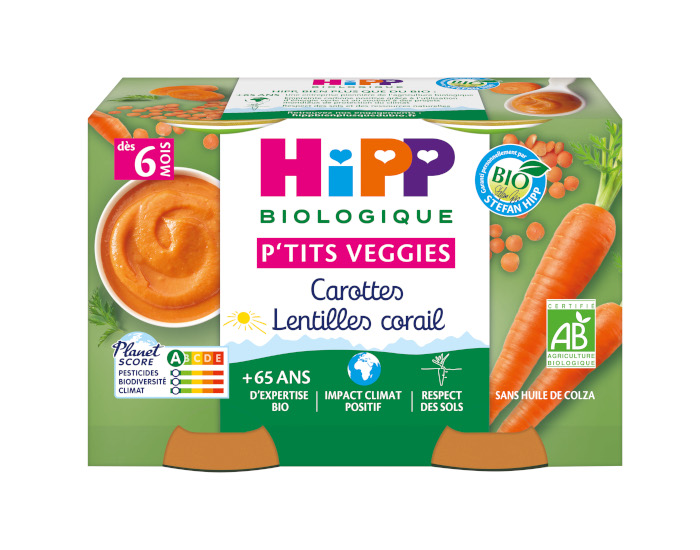 HIPP Ptits Veggies - Ds 6 mois - 2 x 125 g Carottes - Lentilles Corail