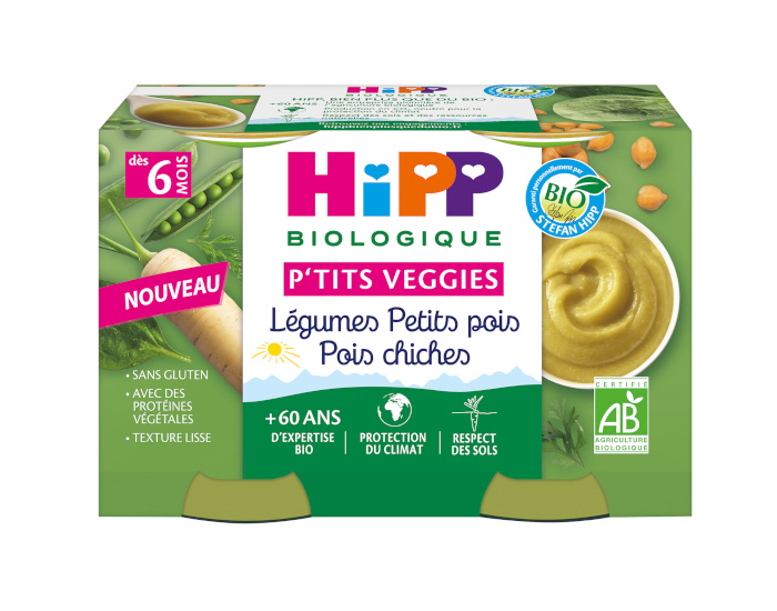 HIPP Ptits Veggies - Ds 6 mois - 2 x 125 g Lgumes Verts - Pois Chiches