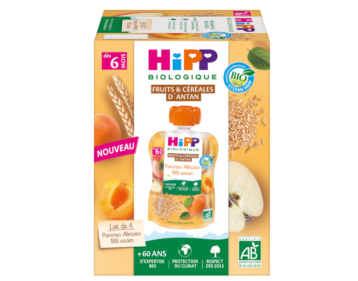 HIPP Gourdes Fruits et Crales d'Antan - Ds 6 mois - 4 x 90 g Pomme Abricot Bl Ancien