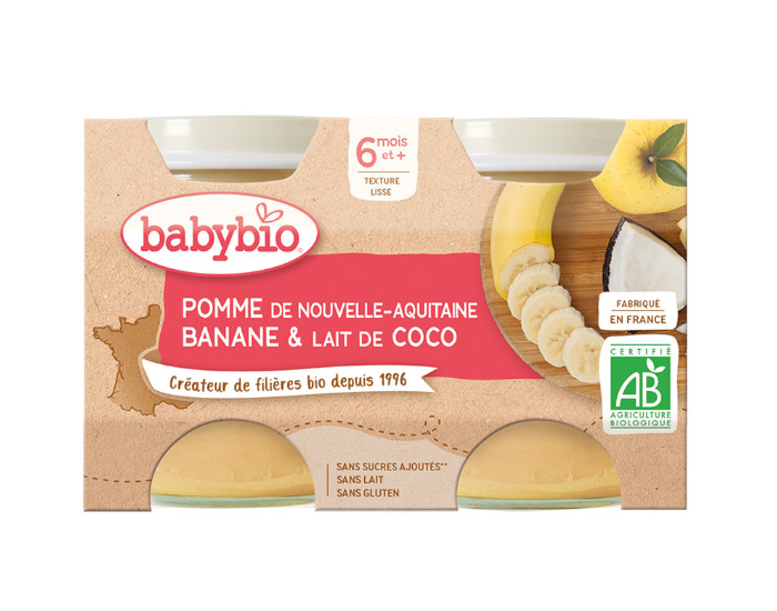 BABYBIO Mes Fruits - 2 x 130 g Pomme d'Aquitaine Banane Lait de Coco - Ds 6 mois