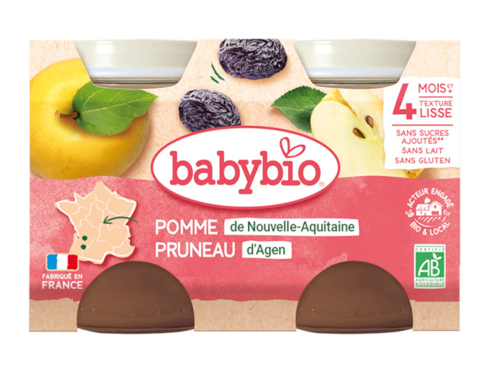 BABYBIO Mes Fruits - 2 x 130 g Pomme d'Aquitaine & Pruneau d'Agen - 4 mois