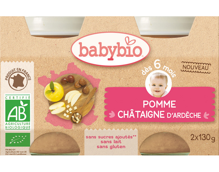 BABYBIO Mes Fruits - 2 x 130 g Pomme Chtaigne d'Ardche - 6 mois