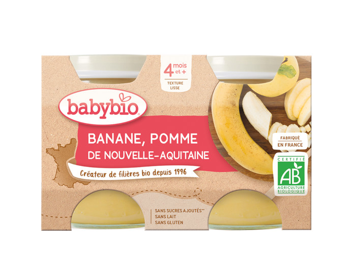 BABYBIO Mes Fruits - 2 x 130 g Pomme d'Aquitaine & Banane - 4 mois