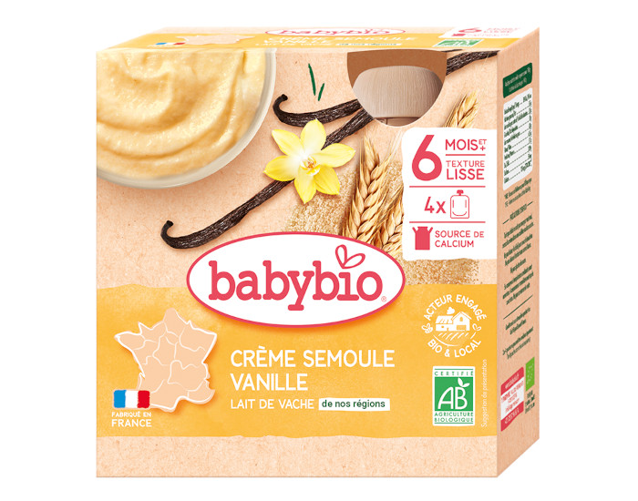 BABYBIO Gourdes Crme Semoule - Ds 6 ou 8 mois - 4x85 g Vanille