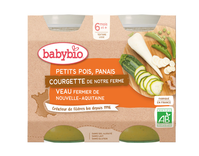 BABYBIO Petits Pots Menu du Jour - 2 x 200g - Ds 6 Mois Petits Pois Panais Courgette Veau