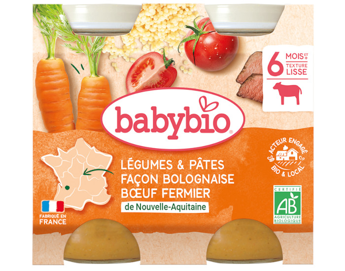 BABYBIO Petits Pots Menu du Jour - 2 x 200g - Ds 6 Mois Lgumes Ptes Bolognaise Boeuf
