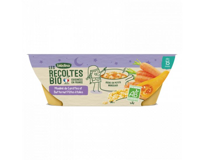 BLEDINA Les R�coltes Bio - Lot de 12 Bols 200g - Carottes - Butternut - P�tes - D�s 15 Mois