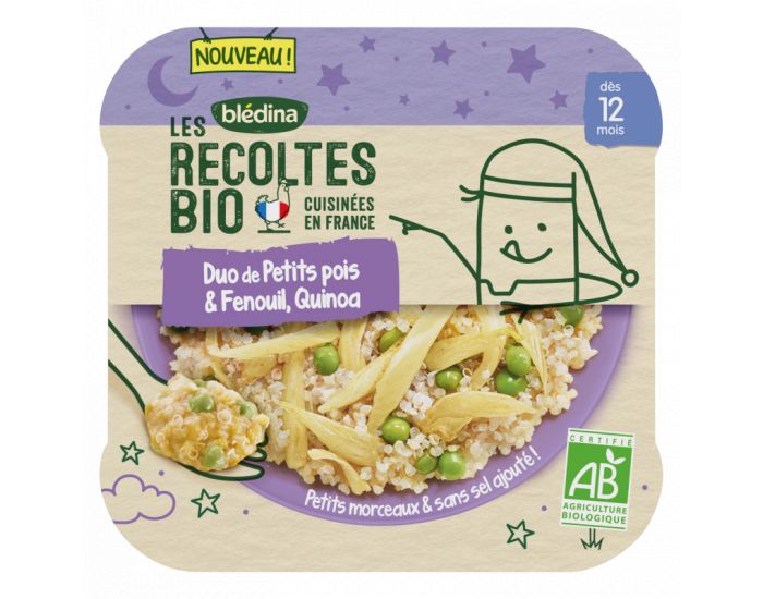 BLEDINA Les R�coltes Bio - 5 Assiettes Petits Pois 230g - Fenouil - Quinoa - D�s 12 Mois