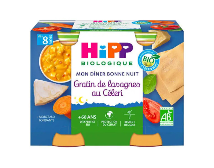 HIPP Mon Diner Bonne Nuit - 2 x 190 g  Gratin de Lasagnes au Cleri - 8M