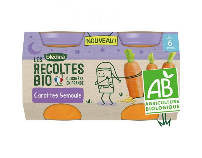 BLEDINA Les Rcoltes Bio - Lot de 24 Petits Pots 130g - Carottes - Semoule - Ds 6 Mois
