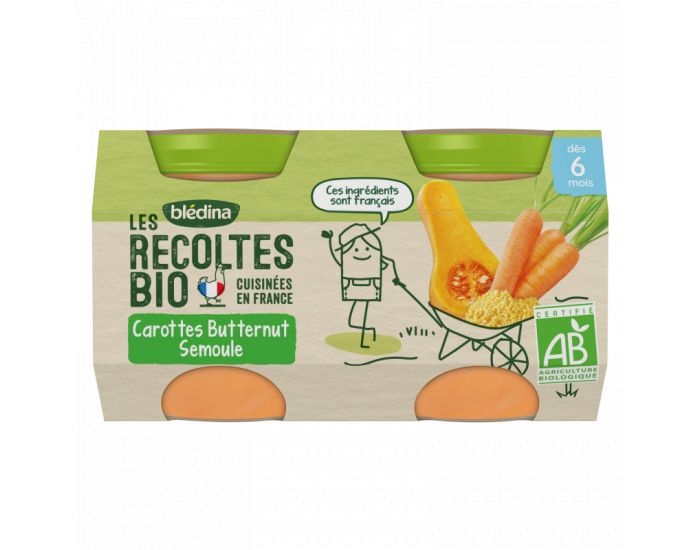 BLEDINA Les Rcoltes Bio - Lot de 24 Petits Pots Carottes - Butternut - Semoule 130g - Ds 6 Mois