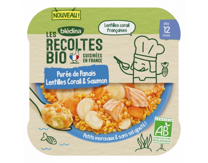 BLEDINA Les Rcoltes Bio - 5 Assiettes Pure de Panais - Lentilles Corail - Saumon 230g -Ds 12 Mois