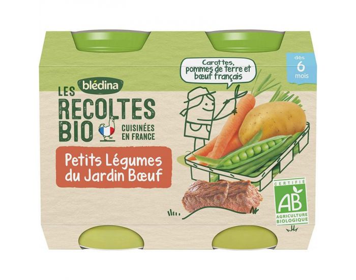 BLEDINA Les Rcoltes Bio - Lot de 12 Petits Pots Lgumes du Jardin - Boeuf 200g - Ds 6 Mois