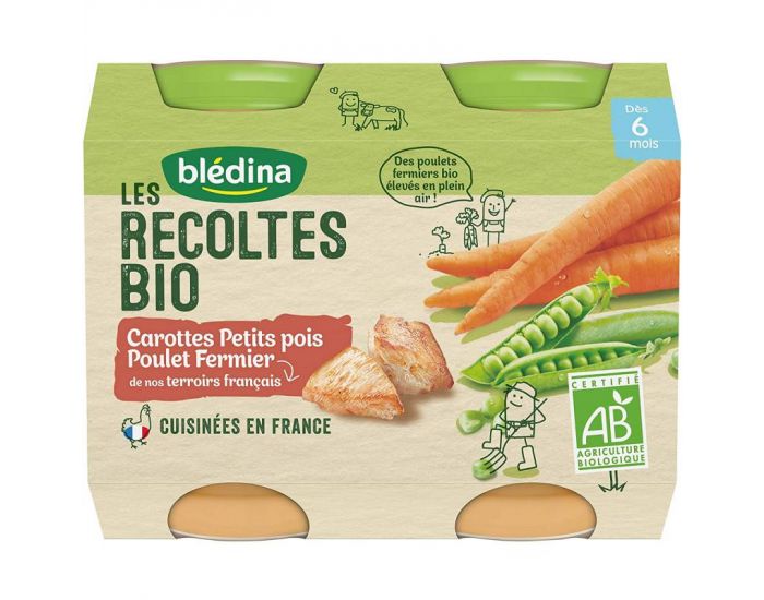 BLEDINA Les R�coltes Bio - Lot de 12 Petits Pots 200g - Carottes - Petits Pois - Poulet - D�s 6 Mois