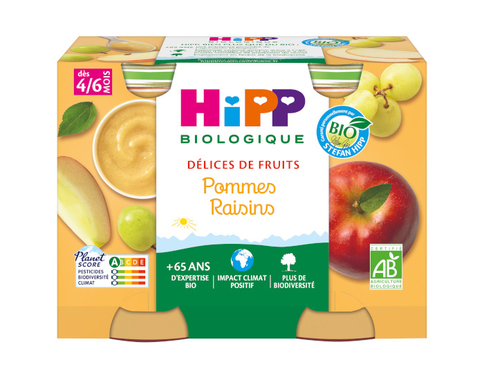 HIPP Délices de Fruits - 2 x 190g Pommes - Raisins AA - 4 M
