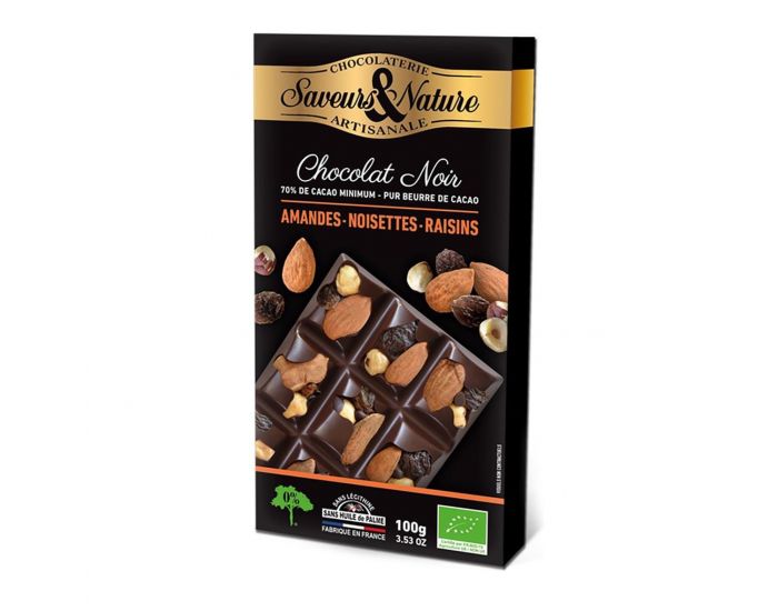 SAVEURS ET NATURE Chocolat Noir 70% Aux Amandes, Noisettes Et Raisins Secs - 100g 