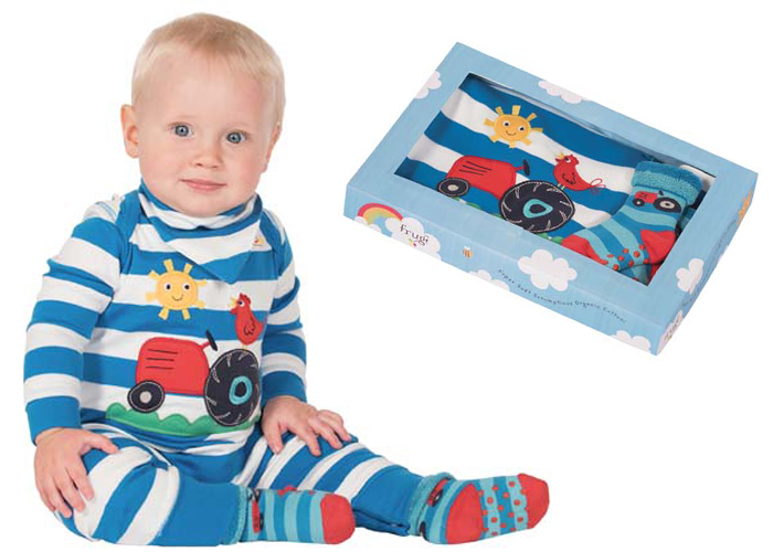 FRUGI Coffret Cadeau Dors-Bien sans Pieds, Bavoir et Chaussettes - Bleu Ferme