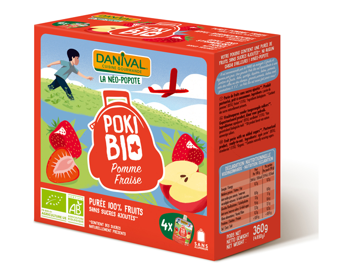 DANIVAL Poki Bio - Pack de 4 Gourdes Pomme Fraise - 4 x 90 g 
