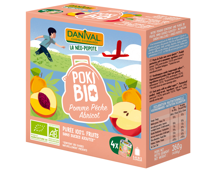 DANIVAL Poki Bio - Pack de 4 Gourdes Pomme Pche Abricot - 4 x 90 g 