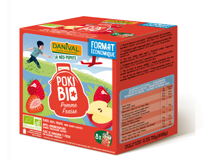 DANIVAL Poki Bio - Pack de 8 Gourdes Pomme Fraise - 8 x 90 g 