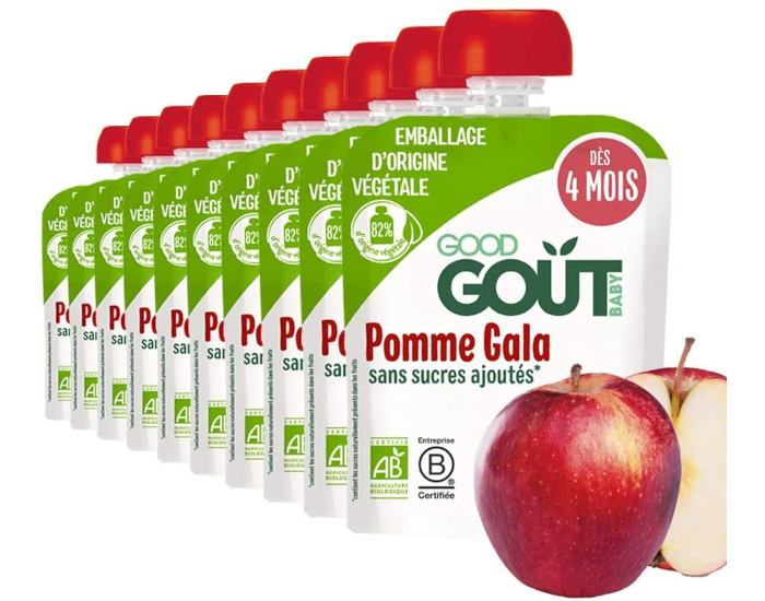 GOOD GOUT Pack de 10 Gourdes de Fruit 85 g pour Bb - Pommes Gala - Ds 4 mois