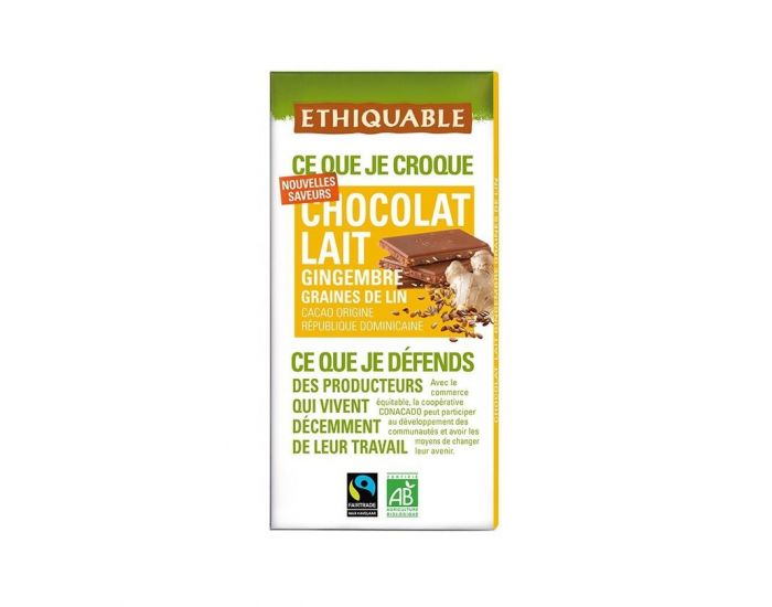 ETHIQUABLE Chocolat Lait Gingembre Graines de Lin Bio & Equitable - 100 