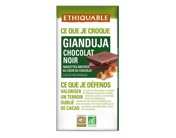 ETHIQUABLE Chocolat Noir Gianduja avec Noisettes Broyes Bio & Equitable - 100 g