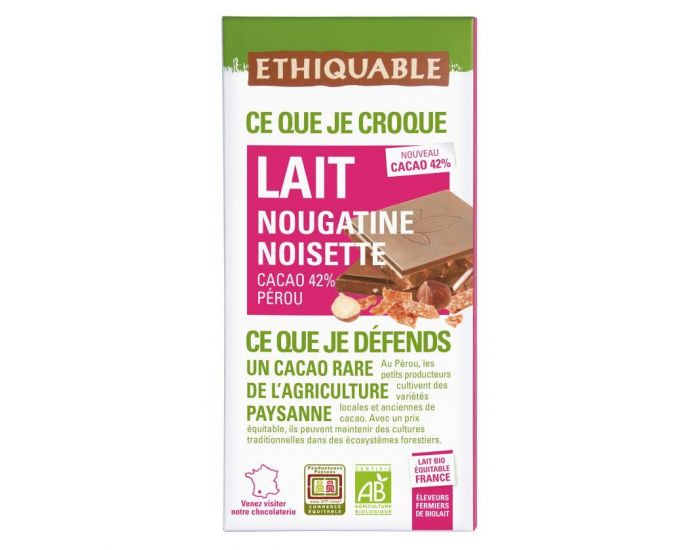 ETHIQUABLE Chocolat Lait Nougatine Noisette Bio & Equitable - 100 g