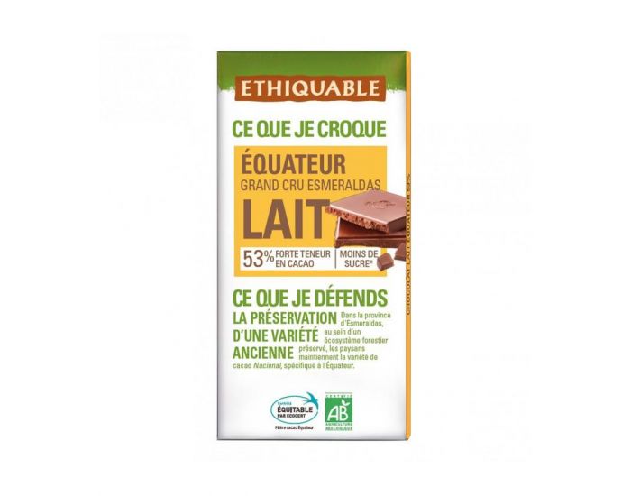 ETHIQUABLE Chocolat au Lait 53% Grand Cru d'quateur Bio & Equitable - 100 g