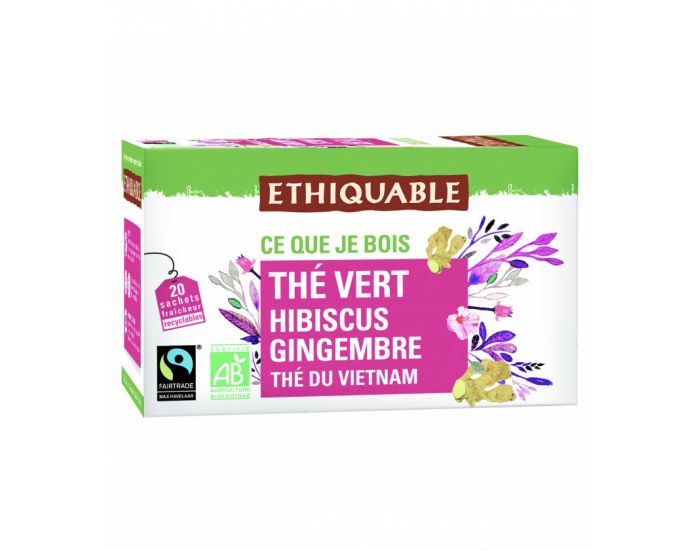 ETHIQUABLE Th Vert Hibiscus Gingembre Bio & Equitable - 20 Sachets