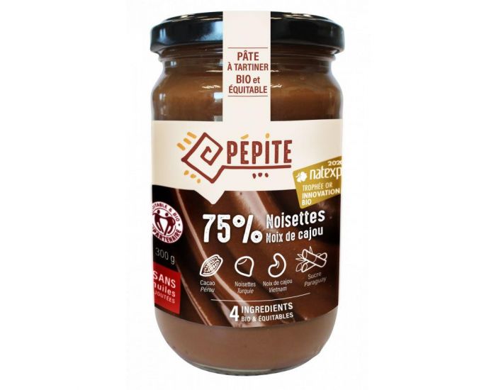 PEPITE Pte  Tartiner - 75% de Noisettes et de Noix de Cajou Bio & Equitable - 300g