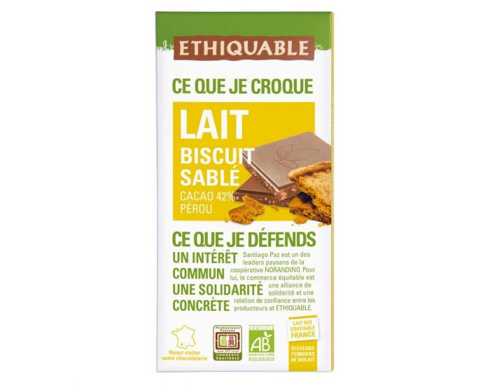 ETHIQUABLE Chocolat au Lait Biscuit Sabl Bio & Equitable - 100 g