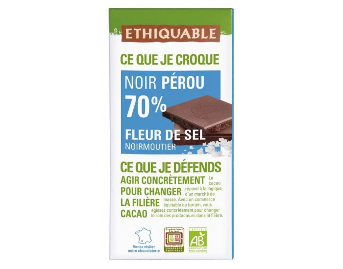 ETHIQUABLE Chocolat Noir 70% Fleur de Sel Camargue/Prou Bio & Equitable - 100 g