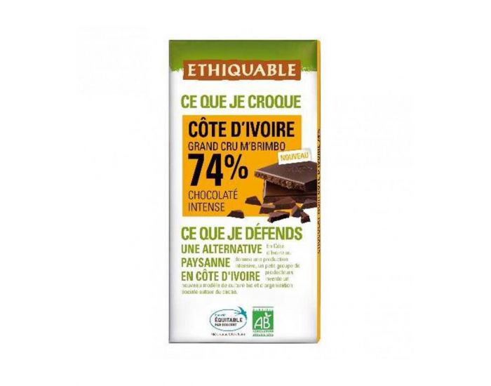 ETHIQUABLE Chocolat Noir Grand Cru M'Brimbo 74% Bio & Equitable - 100g