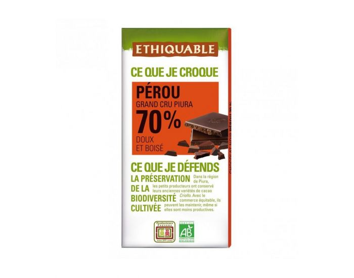ETHIQUABLE Chocolat Noir Grand Cru 70% Bio & Equitable - 100g