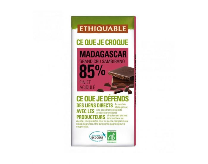 ETHIQUABLE Chocolat Noir Grand Cru 85% Bio & Equitable - 100g